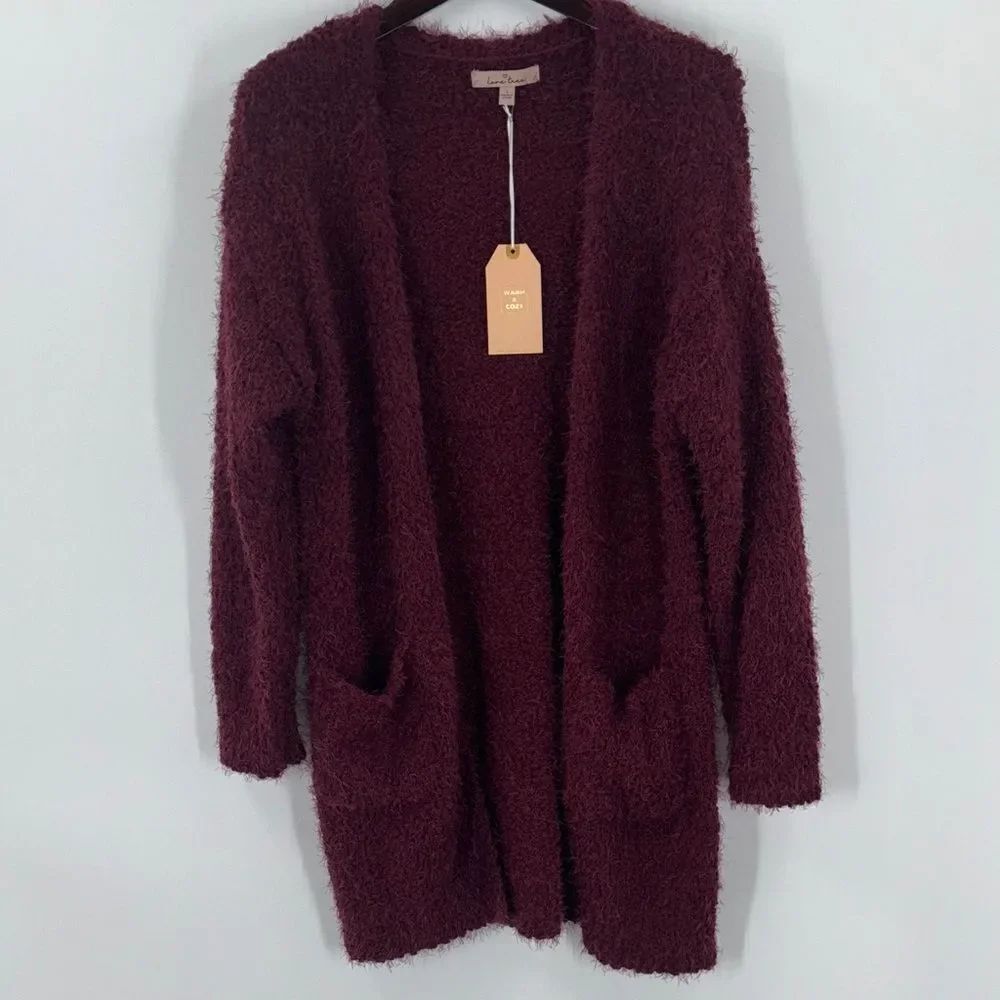 Dark Red Fuzzy Duster Sweater Love Tree Women’s Size Large New with Tags
